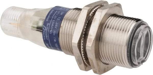 Telemecanique Sensors - 4 Pin M12 Connector, 0.1m Nominal Distance, Shock and Vibration Resistant, Diffused Photoelectric Sensor - 12 to 24 VDC, 500 Hz, Nickel Plated Brass, 2.36 Inch Long x 0.71 Inch Wide - Americas Tooling