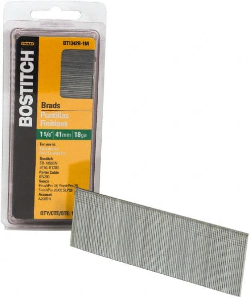 Stanley Bostitch - 18 Gauge 0.05" Shank Diam 1-5/8" Long Brad Nails for Power Nailers - Steel, Bright Finish, Ring Shank, Straight Stick Adhesive Collation, Brad Head, Chisel Point - Americas Tooling