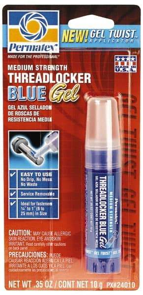 Permatex - 10 Gal Tube, Blue, Medium Strength Gel Threadlocker - Series 240, 24 hr Full Cure Time, Hand Tool Removal - Americas Tooling