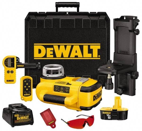 DeWALT - 200' (Interior) & 2,000' (Exterior) Measuring Range, 1/8" at 100' & 3mm at 31m Accuracy, Self-Leveling Rotary Laser with Detector - ±5° Self Leveling Range, 60, 250 & 600 RPM, 1 Beam, 18 Volt XRP Battery Included - Americas Tooling