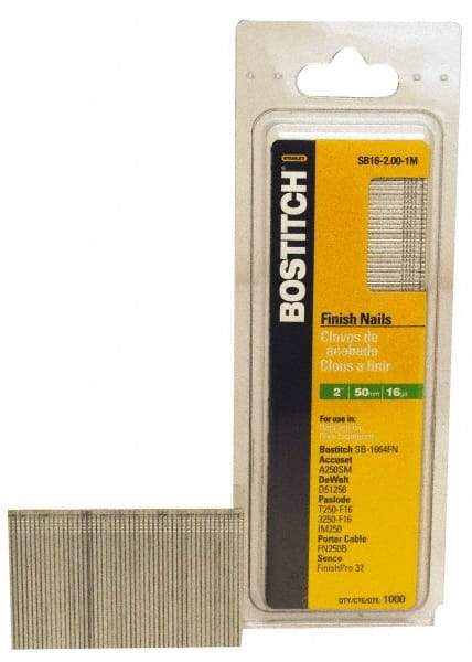 Stanley Bostitch - 16 Gauge 2" Long Finishing Nails for Power Nailers - Steel, Galvanized Finish, Straight Stick Collation, Chisel Point - Americas Tooling