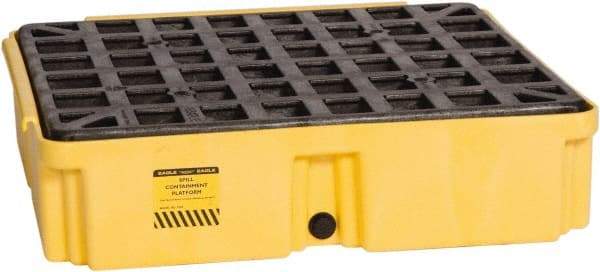 Eagle - 12 Gal Sump, 2,000 Lb Capacity, 1 Drum, Polyethylene Spill Deck or Pallet - 26-1/4" Long x 26" Wide x 6-1/2" High, Yellow, Drain Included, Low Profile, Vertical, Inline Drum Configuration - Americas Tooling