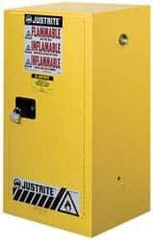 Justrite - 1 Door, 1 Shelf, Yellow Steel Space Saver Safety Cabinet for Flammable and Combustible Liquids - 44" High x 23-1/4" Wide x 18" Deep, Manual Closing Door, 15 Gal Capacity - Americas Tooling