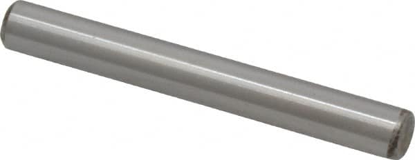 Made in USA - 1/4" Diam x 2" Pin Length Grade 8 Alloy Steel Standard Dowel Pin - Bright Finish, C 47-58 & C 60 (Surface) Hardness, 14,720 Lb (Double Shear), 7,360 Lb (Single Shear) Breaking Strength, 1 Beveled & 1 Rounded End - Americas Tooling