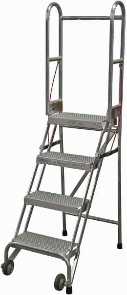 Cotterman - 70" 4 Step Rolling Warehouse Ladder - Portable Folding Safety Ladder, 350 Lb Capacity, 40" Platform Height, 21" Base Width x 36" Base Depth, Perforated Tread - Americas Tooling