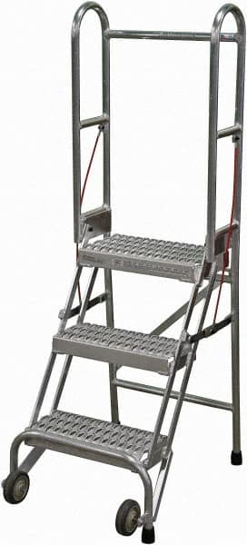 Cotterman - 60" 3 Step Rolling Warehouse Ladder - Portable Folding Safety Ladder, 350 Lb Capacity, 30" Platform Height, 21" Base Width x 28" Base Depth, Serrated - Americas Tooling