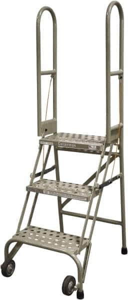 Cotterman - 60" 3 Step Rolling Warehouse Ladder - Portable Folding Safety Ladder, 350 Lb Capacity, 30" Platform Height, 21" Base Width x 28" Base Depth, Perforated Tread - Americas Tooling