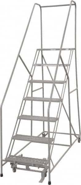 Cotterman - 100" 7 Step Rolling Warehouse Ladder - 50° Incline, 450 Lb Capacity, 70" Platform Height, 33" Base Width x 69" Base Depth, Perforated Tread - Americas Tooling