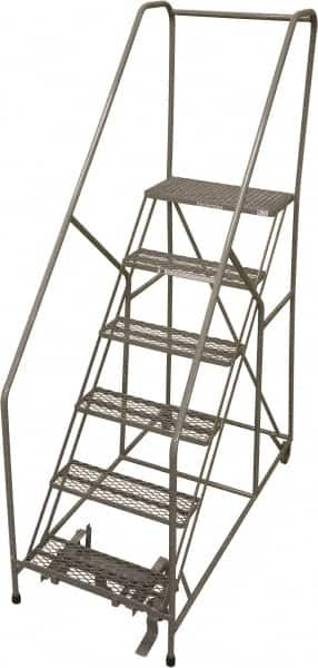 Cotterman - 90" 6 Step Rolling Warehouse Ladder - 50° Incline, 450 Lb Capacity, 60" Platform Height, 33" Base Width x 60" Base Depth, Perforated Tread - Americas Tooling