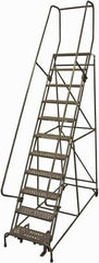 Cotterman - 140" 11 Step Rolling Warehouse Ladder - 50° Incline, 450 Lb Capacity, 110" Platform Height, 34" Base Width x 106" Base Depth, Perforated Tread - Americas Tooling