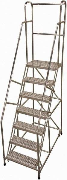 Cotterman - 100" 7 Step Rolling Warehouse Ladder - Rolling Safety Ladder, 350 Lb Capacity, 70" Platform Height, 30" Base Width x 57" Base Depth, Serrated - Americas Tooling