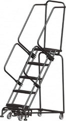 Ballymore - 83" 5 Step Rolling Warehouse Ladder - Lock Step Rolling Safety Ladder, 450 Lb Capacity, 50" Platform Height, 24" Base Width x 43" Base Depth, Perforated Tread - Americas Tooling