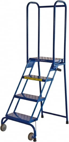 Ballymore - 68" 4 Step Rolling Warehouse Ladder - Lock-N-Stock, 300 Lb Capacity, 38" Platform Height, 24" Base Width x 35" Base Depth, Perforated Tread - Americas Tooling