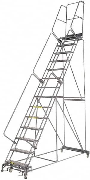 Ballymore - 185" 14 Step Rolling Warehouse Ladder - Lock Step Rolling Safety Ladder, 450 Lb Capacity, 140" Platform Height, 40" Base Width x 100" Base Depth, Perforated Tread - Americas Tooling