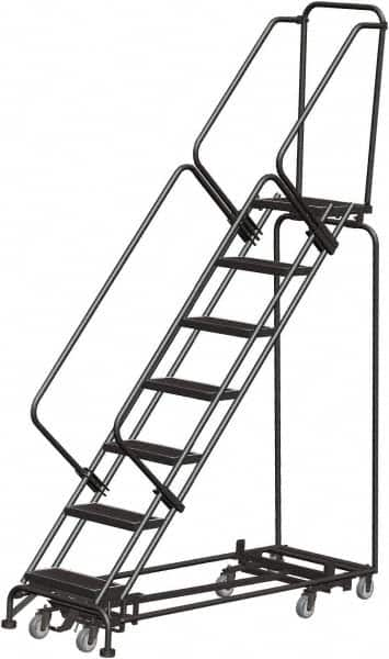 Ballymore - 103" 7 Step Rolling Warehouse Ladder - Lock Step Rolling Safety Ladder, 450 Lb Capacity, 70" Platform Height, 32" Base Width x 66" Base Depth, Perforated Tread - Americas Tooling