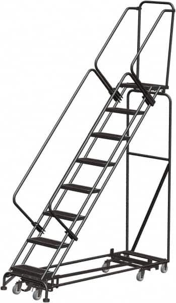 Ballymore - 113" 8 Step Rolling Warehouse Ladder - Lock Step Rolling Safety Ladder, 450 Lb Capacity, 80" Platform Height, 32" Base Width x 74" Base Depth, Perforated Tread - Americas Tooling