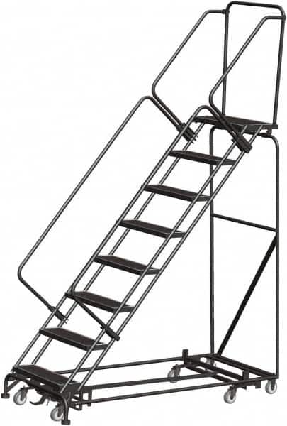 Ballymore - 113" 8 Step Rolling Warehouse Ladder - Lock Step Rolling Safety Ladder, 450 Lb Capacity, 80" Platform Height, 24" Base Width x 74" Base Depth, Perforated Tread - Americas Tooling