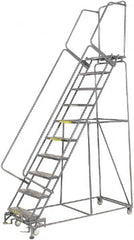 Ballymore - 133" 10 Step Rolling Warehouse Ladder - Lock Step Rolling Safety Ladder, 450 Lb Capacity, 100" Platform Height, 32" Base Width x 74" Base Depth, Perforated Tread - Americas Tooling