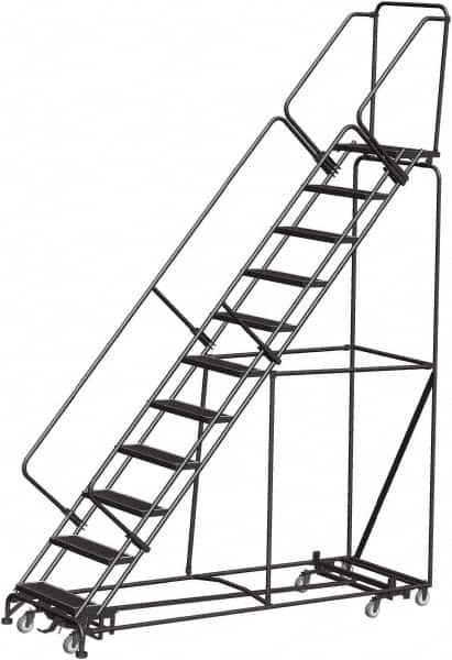 Ballymore - 143" 11 Step Rolling Warehouse Ladder - Lock Step Rolling Safety Ladder, 450 Lb Capacity, 110" Platform Height, 32" Base Width x 98" Base Depth, Perforated Tread - Americas Tooling