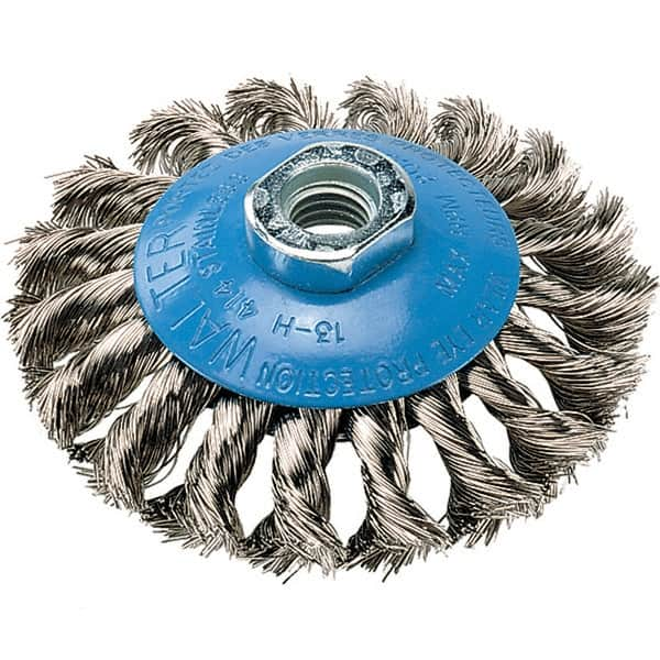 WALTER Surface Technologies - 4" Diam, 5/8-11 Threaded Arbor, Stainless Steel Fill Cup Brush - 0.015 Wire Diam, 20,000 Max RPM - Americas Tooling