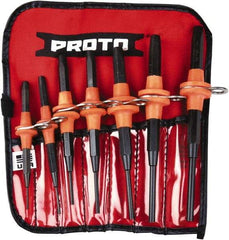 Proto - 7 Piece, 1/16 to 1/4", Tethered Pin Punch Set - Straight Shank, Comes in Nylon Roll - Americas Tooling