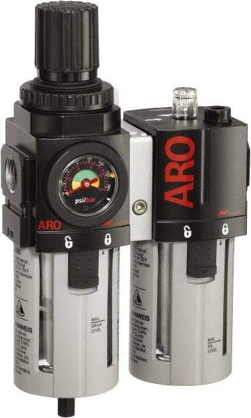 ARO/Ingersoll-Rand - 3/8" NPT Port Standard 2 Piece Filter/Regulator-Lubricator FRL Unit - Polycarbonate Bowl, 96 SCFM, 150 Max psi, 9.95" High x 5.724" Long, Manual Drain - Americas Tooling