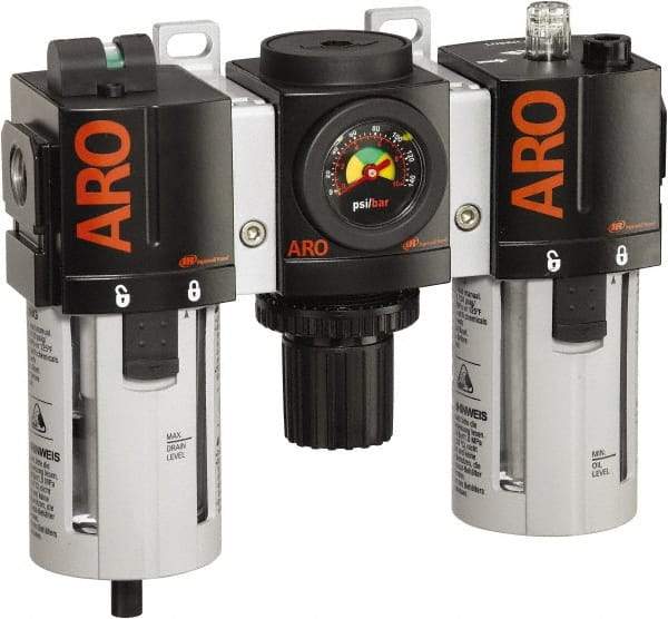 ARO/Ingersoll-Rand - 1/2" NPT Port Standard 3 Piece Filter-Regulator-Lubricator FRL Unit - Polycarbonate Bowl, 150 SCFM, 150 Max psi, 7.7" High x 8.693" Long, Automatic Drain - Americas Tooling