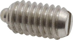 Vlier - 5/16-18, 9/16" Thread Length, 1/12" Plunger Projection, Stainless Steel Threaded Spring Plunger - 0.135" Max Plunger Diam, 0.562" Plunger Length, 3.75 Lb Init End Force, 15.5 Lb Final End Force - Americas Tooling