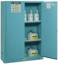 Justrite - 2 Door, 2 Shelf, Blue Steel Standard Safety Cabinet for Corrosive Chemicals - 65" High x 43" Wide x 18" Deep, Manual Closing Door, 3 Point Key Lock, 45 Gal Capacity - Americas Tooling