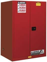 Justrite - 2 Door, 2 Shelf, Red Steel Standard Safety Cabinet for Flammable and Combustible Liquids - 65" High x 43" Wide x 34" Deep, Manual Closing Door, 3 Point Key Lock, 90 Gal Capacity - Americas Tooling