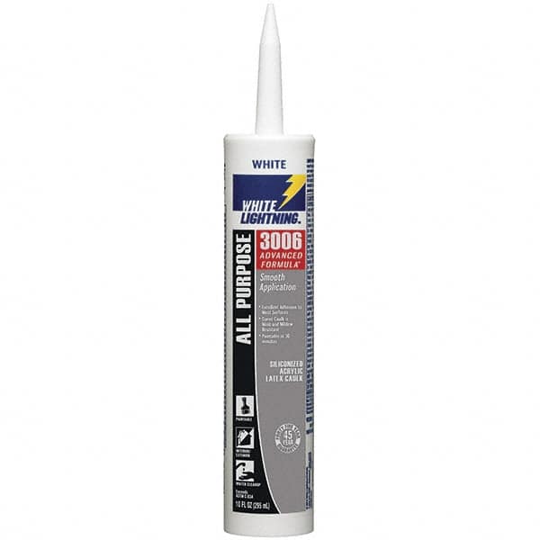 White Lightning - 10 oz Cartridge White Acrylic & Latex Caulk - -30 to 180°F Operating Temp, 12 min Tack Free Dry Time, Series 3006 - Americas Tooling