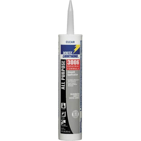 White Lightning - 10 oz Cartridge Clear Acrylic & Latex Caulk - -30 to 180°F Operating Temp, 12 min Tack Free Dry Time, Series 3006 - Americas Tooling