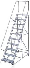 Cotterman - 130" 10 Step Rolling Warehouse Ladder - Assembled, 450 Lb Capacity, 100" Platform Height, 32" Base Width x 74" Base Depth, Perforated Tread - Americas Tooling