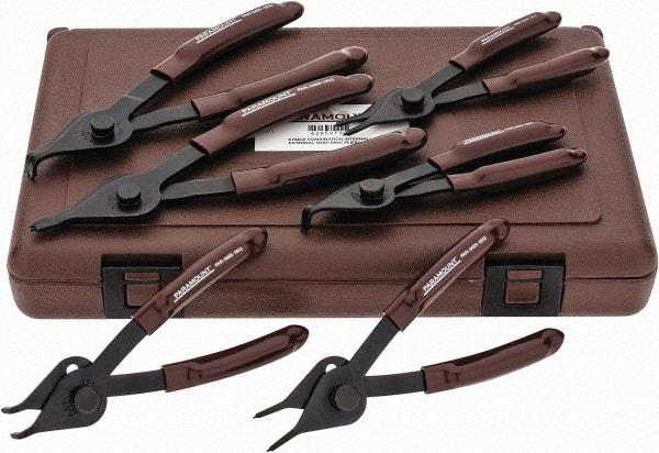 Paramount - 6 Piece, 3/8 to 1-3/4" Bore, 1/8 to 1-7/16" Shaft, Internal/External Retaining Ring Pliers Set - 0.038 to 0.07" Tip Diam Range - Americas Tooling