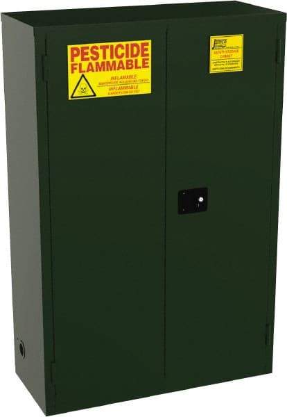 Jamco - 2 Door, 2 Shelf, Green Steel Double Wall Safety Cabinet for Flammable and Combustible Liquids - 65" High x 18" Wide x 43" Deep, Manual Closing Door, 3 Point Key Lock, 45 Gal Capacity - Americas Tooling