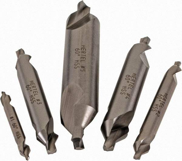 Hertel - #1 to 5, 1/8 to 7/16" Body Diam, 1/8" Point Diam, Plain Edge, High Speed Steel Combo Drill & Countersink Set - 0.0469 to 0.1875" Point Length, 1/8 to 2-3/4" OAL, Double End, Hertel Series Compatibility - Americas Tooling