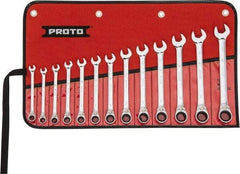 Proto - 13 Piece, 7mm to 19mm, 12 Point Reversible Ratcheting Combination Wrench Set - Metric Measurement Standard, Full Polish Chrome Finish, Comes in Tool Roll - Americas Tooling