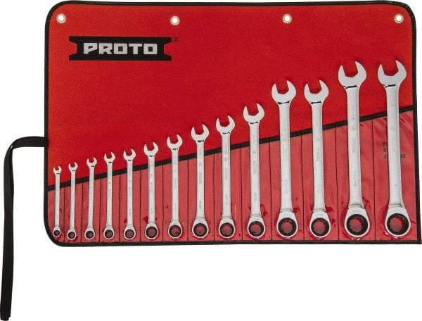 Proto - 14 Piece, 1/4" to 1", 12 Point Ratcheting Combination Wrench Set - Inch Measurement Standard, Full Polish Chrome Finish, Comes in Tool Roll - Americas Tooling