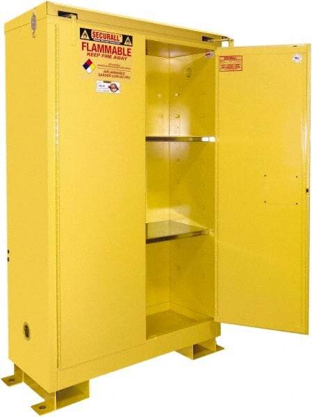 Securall Cabinets - 2 Door, 2 Shelf, Yellow Steel Standard Safety Cabinet for Flammable and Combustible Liquids - 71" High x 43" Wide x 18" Deep, Self Closing Door, 3 Point Key Lock, 45 Gal Capacity - Americas Tooling