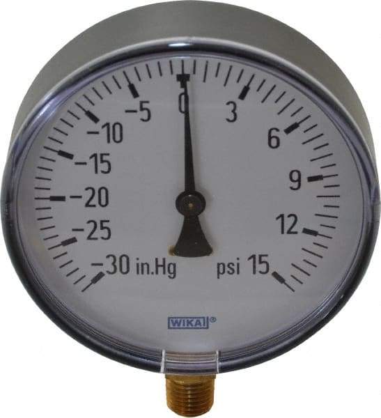 Wika - 4" Dial, 1/4 Thread, 30-0-15 Scale Range, Pressure Gauge - Lower Connection Mount, Accurate to 3-2-3% of Scale - Americas Tooling