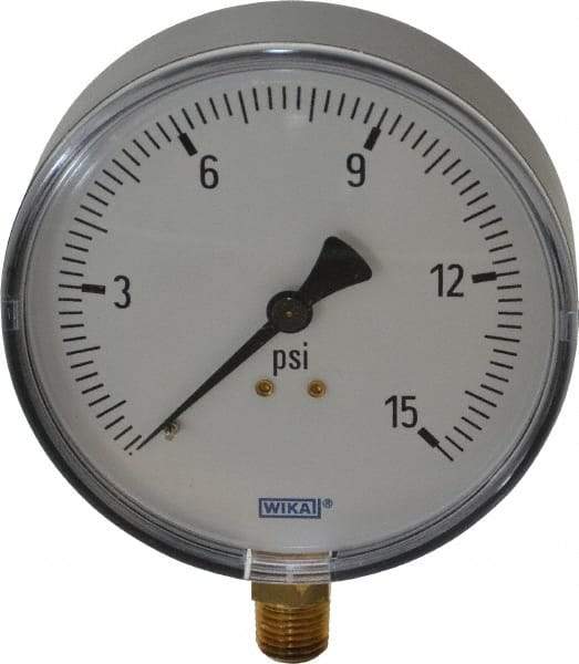 Wika - 4" Dial, 1/4 Thread, 0-15 Scale Range, Pressure Gauge - Lower Connection Mount, Accurate to 3-2-3% of Scale - Americas Tooling