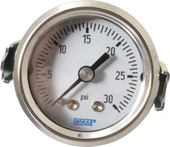 Wika - 1-1/2" Dial, 1/8 Thread, 0-30 Scale Range, Pressure Gauge - U-Clamp Panel Mount, Center Back Connection Mount, Accurate to 3-2-3% of Scale - Americas Tooling