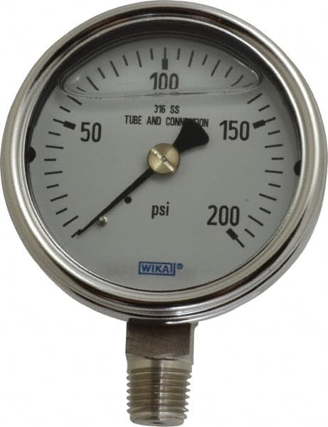 Wika - 2-1/2" Dial, 1/4 Thread, 0-200 Scale Range, Pressure Gauge - Lower Connection Mount, Accurate to 2-1-2% of Scale - Americas Tooling