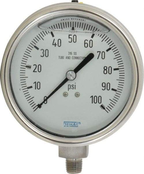 Wika - 4" Dial, 1/4 Thread, 0-100 Scale Range, Pressure Gauge - Lower Connection Mount, Accurate to 1% of Scale - Americas Tooling