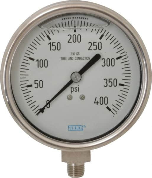 Wika - 4" Dial, 1/4 Thread, 0-400 Scale Range, Pressure Gauge - Lower Connection Mount, Accurate to 1% of Scale - Americas Tooling