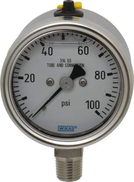 Wika - 2-1/2" Dial, 1/4 Thread, 100 Scale Range, Pressure Gauge - Lower Connection Mount, Accurate to 2-1-2% of Scale - Americas Tooling