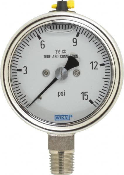 Wika - 2-1/2" Dial, 1/4 Thread, 15 Scale Range, Pressure Gauge - Lower Connection Mount, Accurate to 2-1-2% of Scale - Americas Tooling