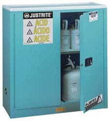 Justrite - 2 Door, 1 Shelf, Blue Steel Standard Safety Cabinet for Corrosive Chemicals - 44" High x 43" Wide x 18" Deep, Manual Closing Door, 3 Point Key Lock, 30 Gal Capacity - Americas Tooling