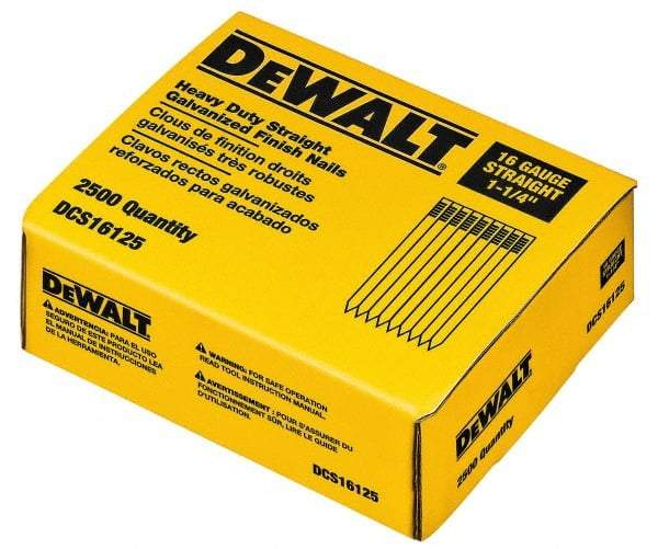 DeWALT - 16 Gauge 1-1/4" Long Finishing Nails for Power Nailers - Grade 2 Steel, Galvanized Finish, Straight Stick Collation - Americas Tooling