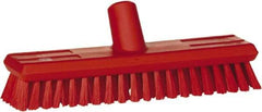 Vikan - 1.3" Bristle Length, Polyester Scrub Brush - 10-3/4" Long x 2-1/2" Wide Head, 11" OAL, European Threaded Handle, Red, Polypropylene Block - Americas Tooling